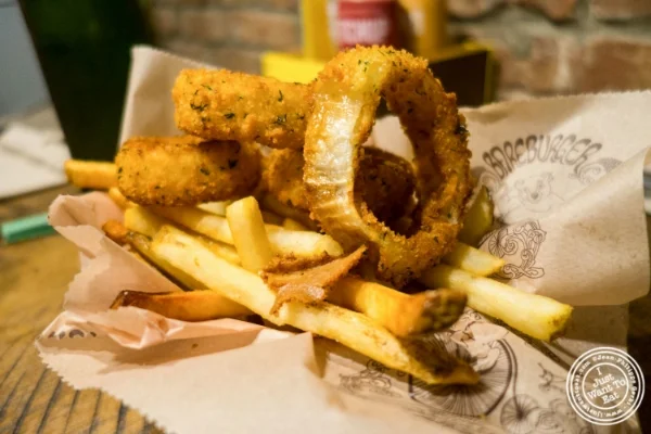 Onion rings and fries at Bareburger in Hoboken, NJ