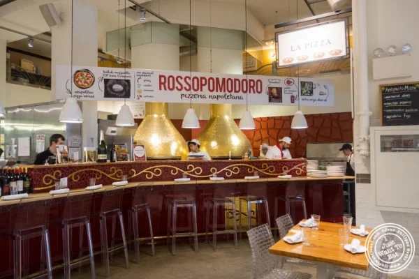 Counter and pizza ovens at La Pizza & La Pasta at Eataly in New York, NY