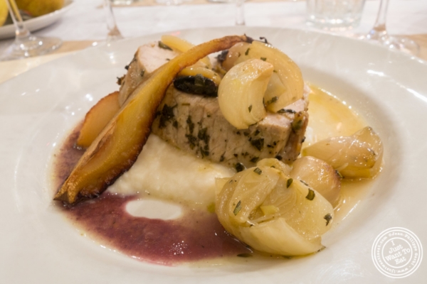 H erbed pork roast with a creamy parsnip purée, a caramelized Abate Fetel pear and shallots