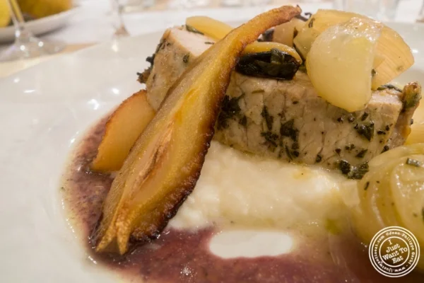 H erbed pork roast with a creamy parsnip purée, a caramelized Abate Fetel pear and shallots