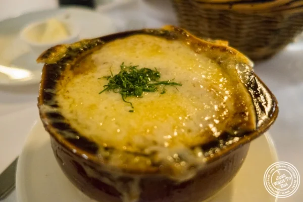 French onion soup at The Odeon in TriBeCa, New York, NY