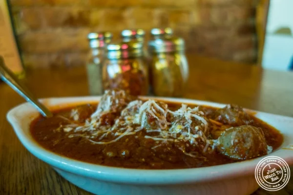 meatballs at Saluggi's pizza in TriBeCa, New York, NY