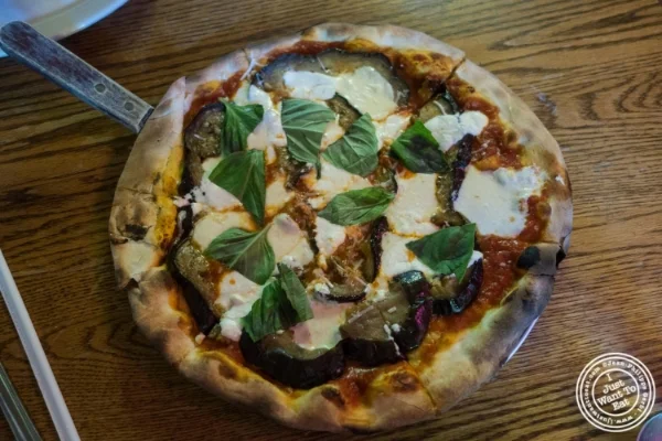 Eggplant pizza at Saluggi's pizza in TriBeCa, New York, NY