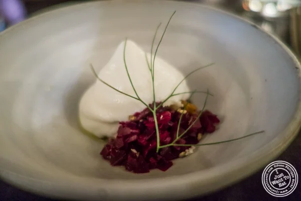 Beets and goat cream at Betony in New York, NY