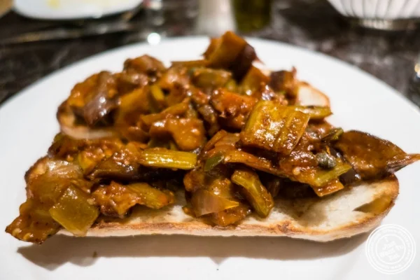 Eggplant capponata bruschetta at Petrarca Cucina e Vino, Italian restaurant in Tribeca, NYC, New York