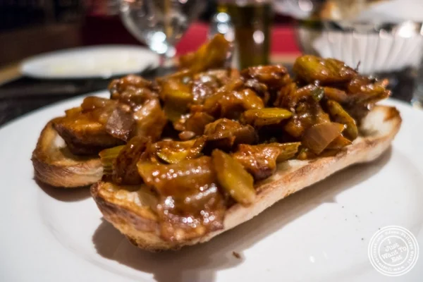 Eggplant capponata bruschetta at Petrarca Cucina e Vino, Italian restaurant in Tribeca, NYC, New York