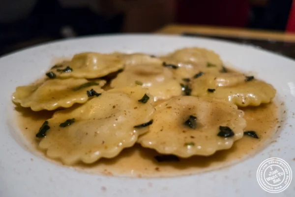 Butternut Squash ravioli at Petrarca Cucina e Vino, Italian restaurant in Tribeca, NYC, New York