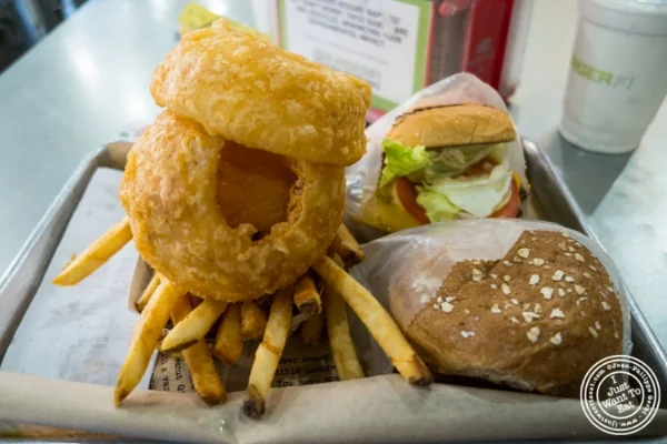 Burgers, fries and onions rings at Burger Fi in Yorkville, NYC, New York