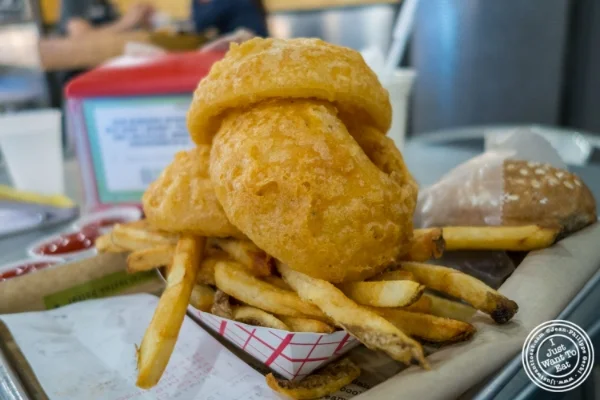 Fries and onion rings at Burger Fi in Yorkville, NYC, New York