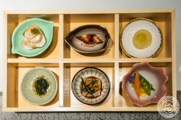 Six assorted appetizers at Fushimi in Williamsburg, Brooklyn, NY