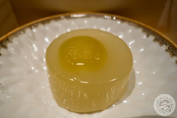 Organic heirloom cherry tomato in yuzu jelly at Fushimi in Williamsburg, Brooklyn, NY