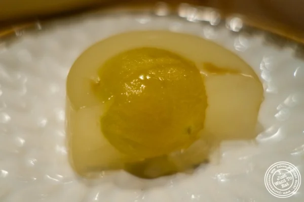 Organic heirloom cherry tomato in yuzu jelly at Fushimi in Williamsburg, Brooklyn, NY