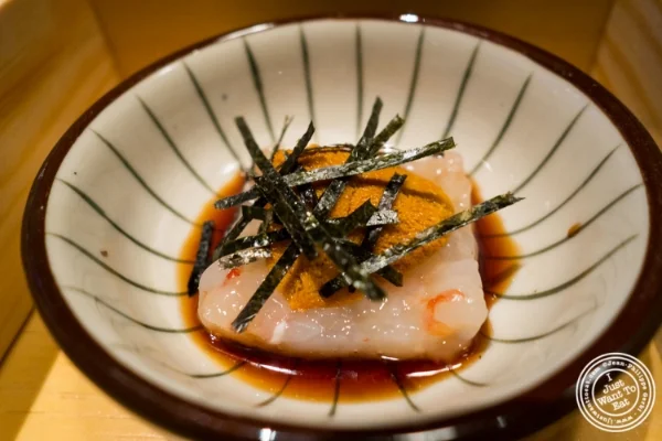 Botan ebi (shrimp) tartare with ginger, uni (sea urchin) and dashi soy at Fushimi in Williamsburg, Brooklyn, NY
