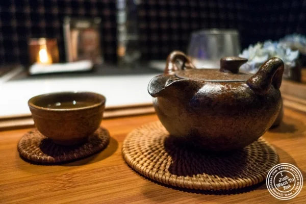 Green tea with roasted brown rice at Fushimi in Williamsburg, Brooklyn, NY