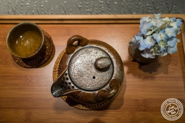 Green tea with roasted brown rice at Fushimi in Williamsburg, Brooklyn, NY
