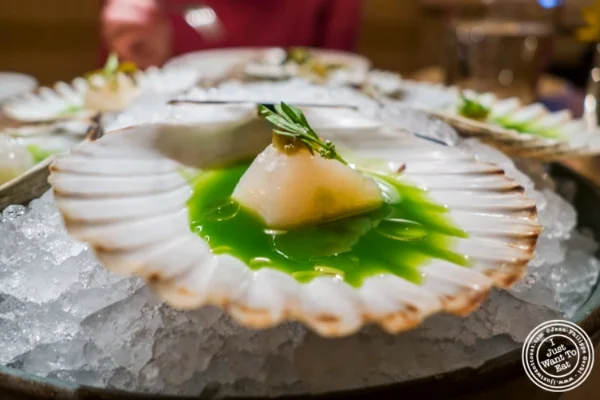 Bay scallops at Little Park in TriBeCa, NYC, New York