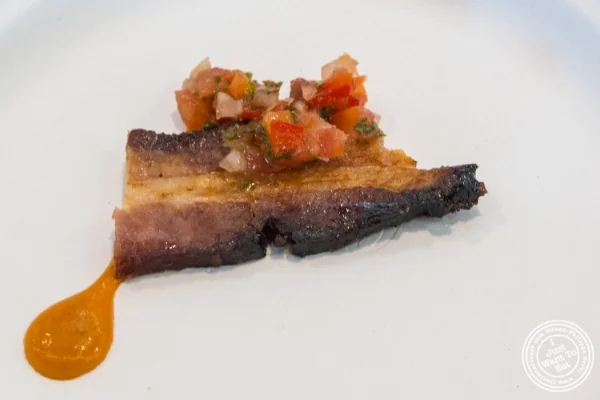 Cured bacon with tomato chimichuri at Strip House at Bacon and Beer Classic 2015 At Citi Field