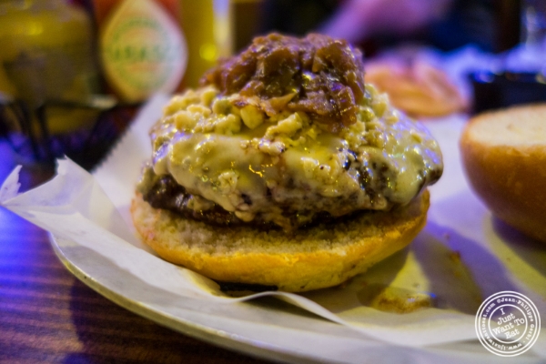 Blue cheese and Swiss burger at Black Iron Burger in Chelsea, NYC, New York
