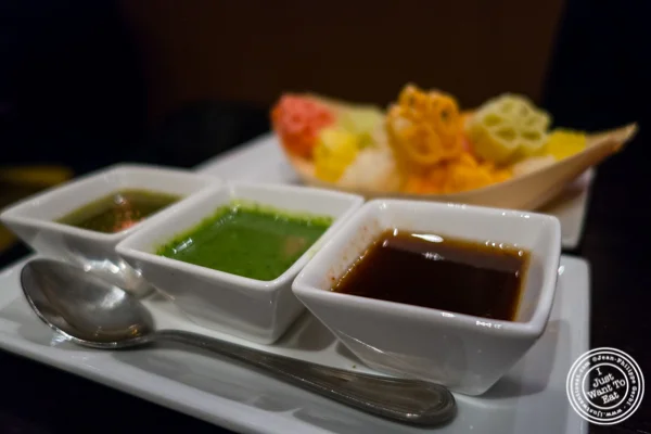 Snacks at Benares, Indian restaurant in TriBeCa, NYC, New York