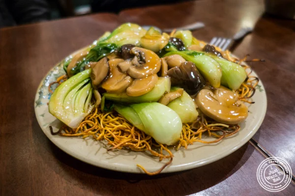 Three mushrooms pan fried noodles at Vegetarian Dim Sum House in ChinaTown, NYC, New York