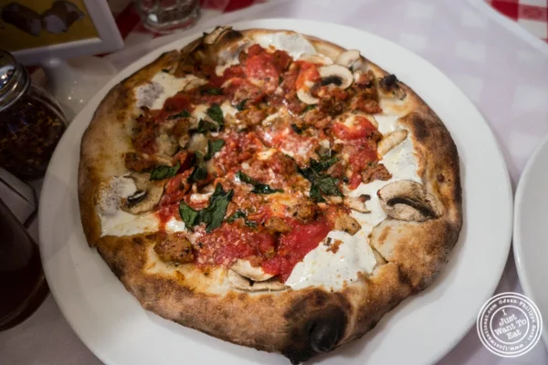 Regular pie with meatballs and mushroom at Grimaldi's Pizza in Hoboken, NJ