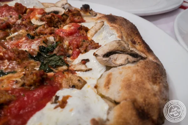 Regular pie with meatballs and mushroom at Grimaldi's Pizza in Hoboken, NJ