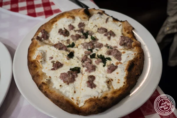 White pie with sausage at Grimaldi's Pizza in Hoboken, NJ