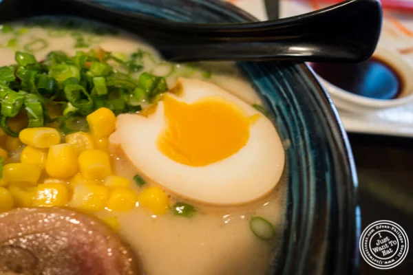 Miso egg in Tonkotsu miso ramen at Ramen Thukpa in the West Village, NYC, New York