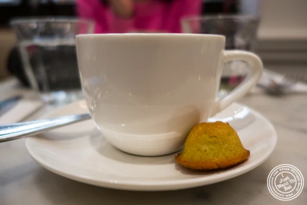 Double espresso and financier at Maison Kayser Bryant Park, NYC, New York