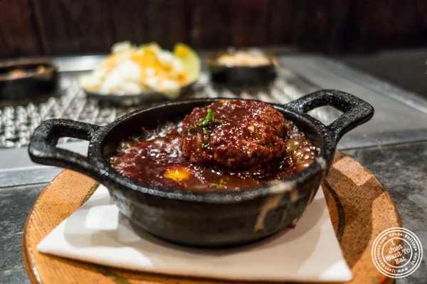 Foie gras stuffed kobe meatball at Takashi in NYC, New York