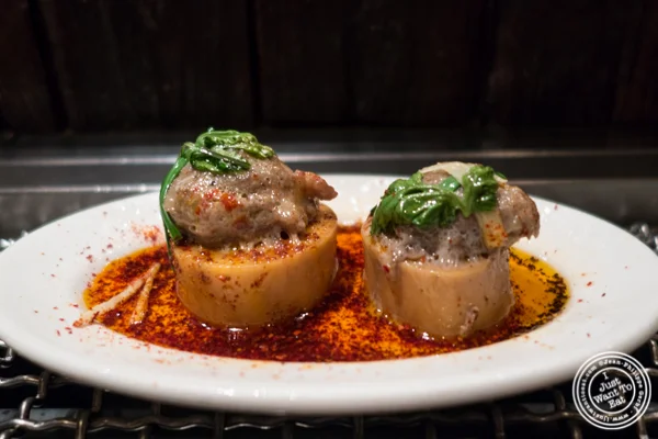 Bone marrow and craw fish dumplings at Takashi in NYC, New York