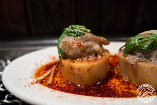 Bone marrow and craw fish dumplings at Takashi in NYC, New York