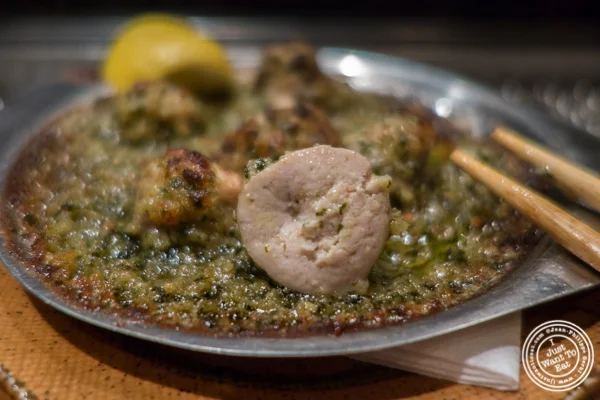 Testicargot or cow balls escargot style at Takashi in NYC, New York