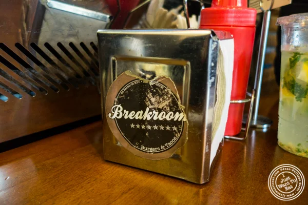 Napkin holder at Breakroom Burger and Tacos in NYC, New York