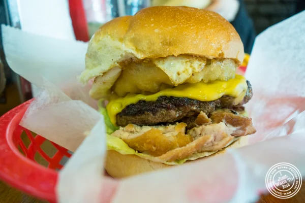 Signature burger at Breakroom Burger and Tacos in NYC, New York