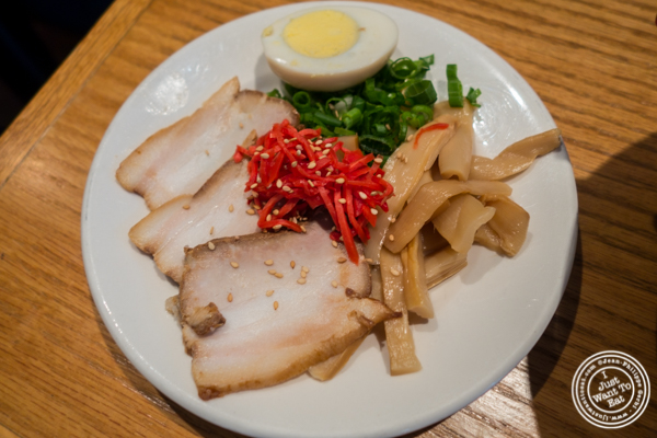 Toppings for the tonkotsu ramen at Katsu Hama in NYC, New York