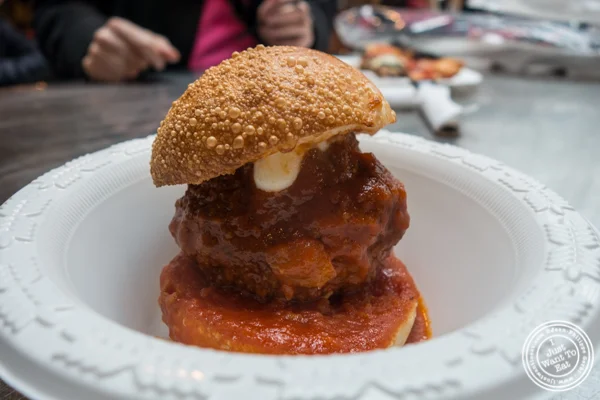 Beef meatball with ragu from The Meatball Guys at The Gansevoort Market in the Meat Packing District