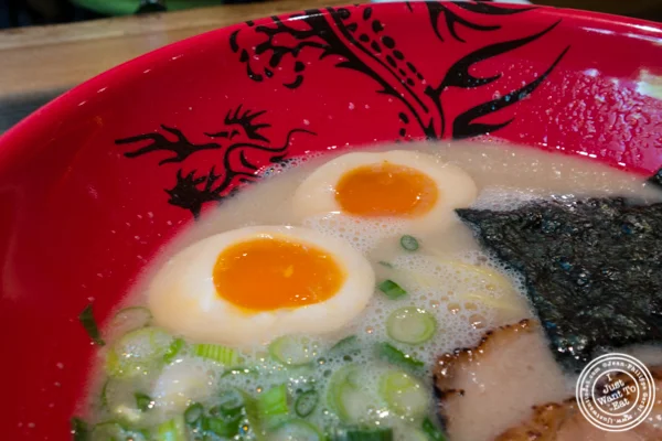 Cured egg in Ajitama ramen at Ramen Zundo-Ya in NYC, New York