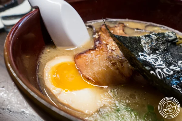 Egg and pork in tonkotsu ramen at Momosan Ramen and Sake in NYC, New York