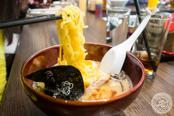 Noodles in tonkotsu ramen at Momosan Ramen and Sake in NYC, New York