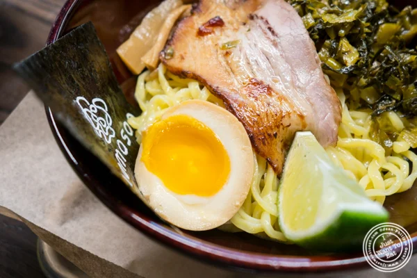 Egg and pork in Tsukemen ramen at Momosan Ramen and Sake in NYC, New York