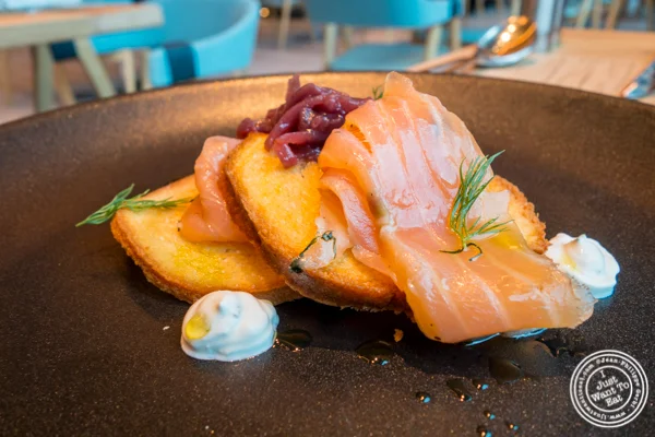 House smoked salmon at Halifax in the W Hotel in Hoboken, NJ