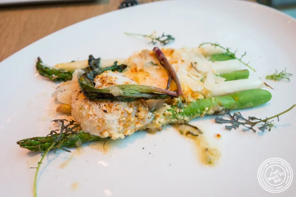 Roasted asparagus with a poached egg and parmesan at Halifax in the W Hotel in Hoboken, NJ