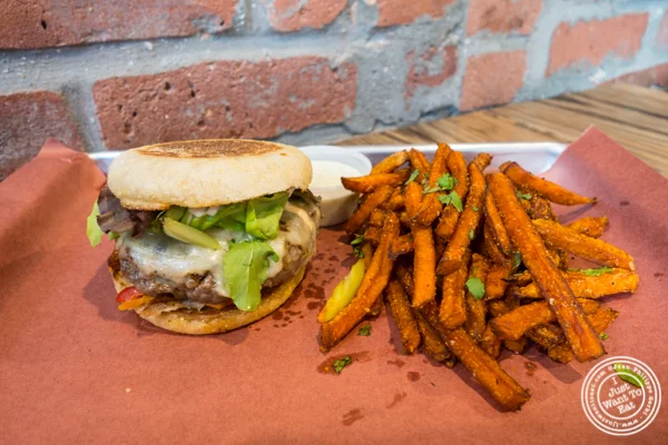 Burger and sweet potato fries at The Brooklyn Tree in New York