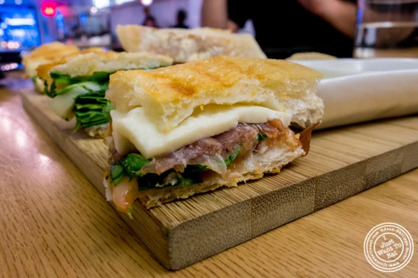 Small bite made with focaccia, speck and cheese at Al Vicoletto near Union Square, NYC