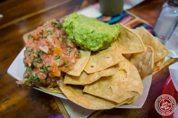 Guacamole, pico de gallo and chips at La Taqueria in San Francisco, CA