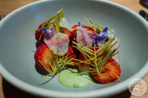 Strawberries with pickled Douglas Fir tips at The Perennial in San Francisco, CA