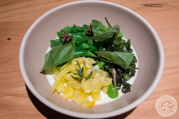 Pole beans and sweet onions panna cotta at The Perennial in San Francisco, CA