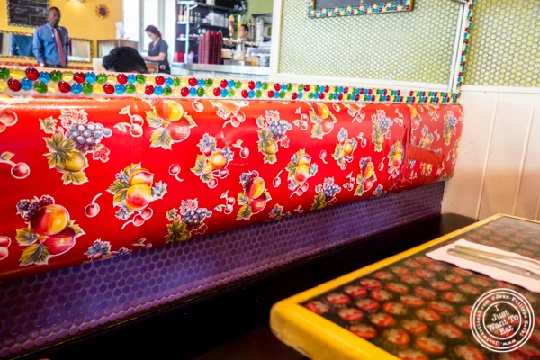 Colorful banquette at El Centro in Hell's Kitchen, NYC