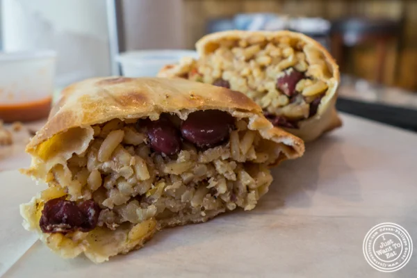 Rice and beans empanada at Empanadas Café in Hoboken, NJ